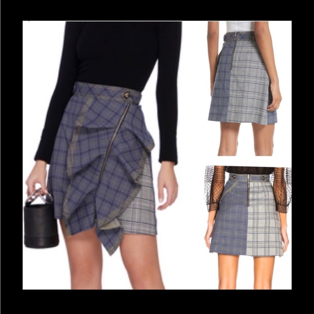 Self-Portrait Ruffle Plaid Blue Full Zip Asymmetric Flounce Mini Skirt